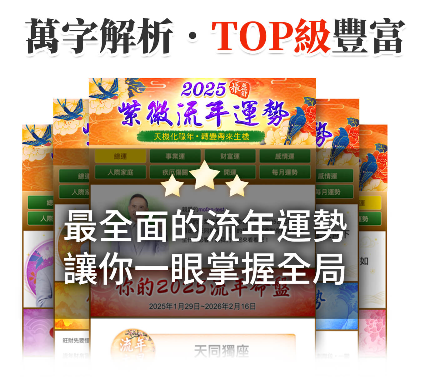 萬字解析.TOP級豐富!最全面的流年運勢,讓你一眼掌握全局:包含2026總運、事業財富、感情婚姻、家庭人際、健康運勢、12個月運勢、開運風水、LINE運勢通知等