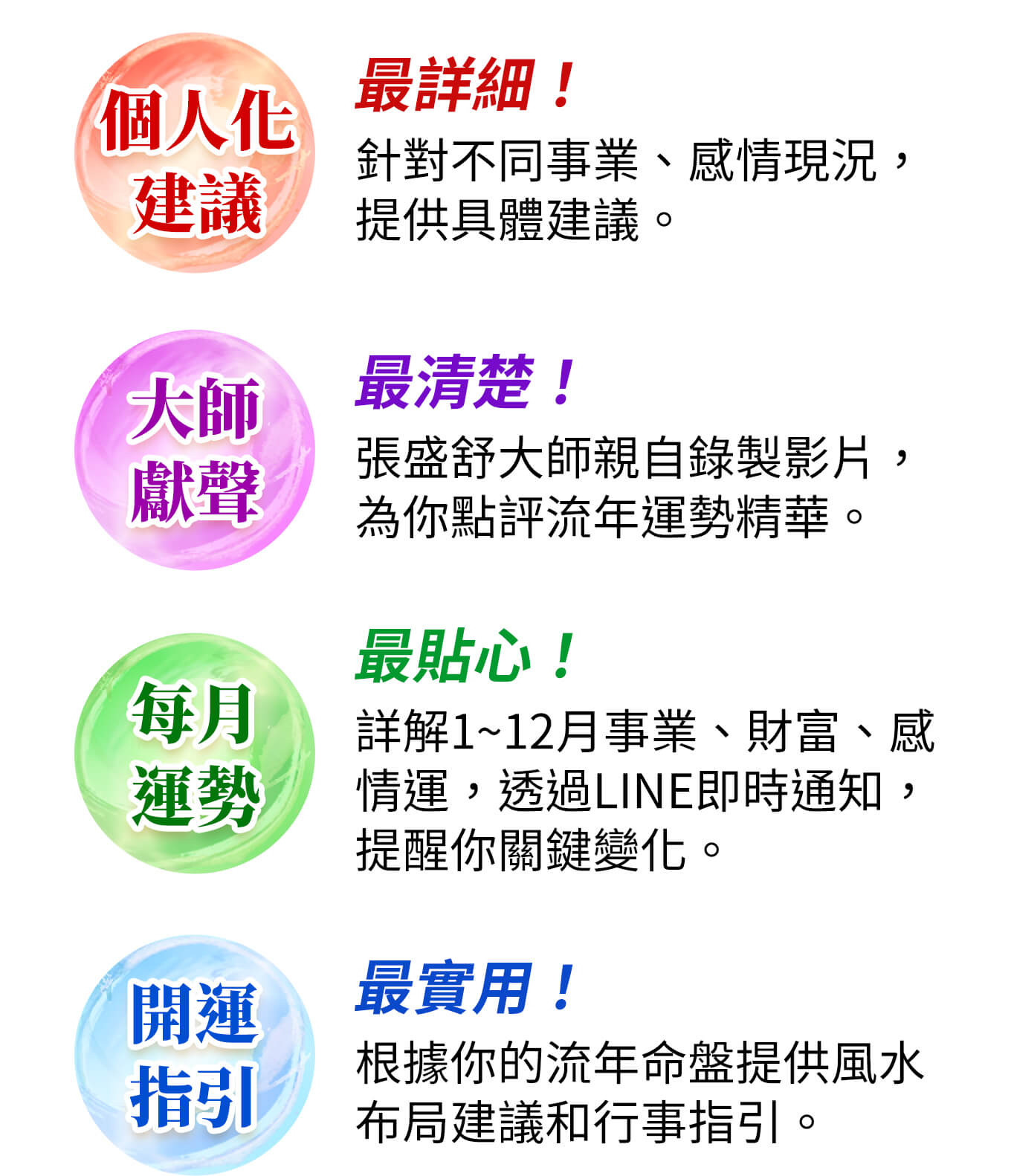 提供個人化建議:針對不同事業、感情現況,提供具體建議。張盛舒大師親自錄製影片,為你點評流年運勢精華。詳解每月運事業、財富、感情運等運勢,並透過LINE即時通知,提醒你關鍵變化。開運指引:根據你的流年命盤提供風水布局建議和行事指引。