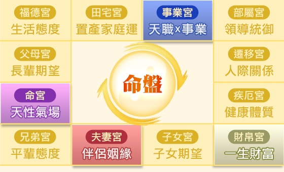 命盤：福德宮-生活態度；田宅宮-置產家庭運；事業宮-天職x事業；部屬宮-領導統御；遷移宮-人際關係；疾厄宮-健康體質；財帛宮-一生財富；子女宮-子女期望；夫妻宮-伴侶姻緣；兄弟宮-平輩態度；命宮-天性氣場；父母宮-長輩期望